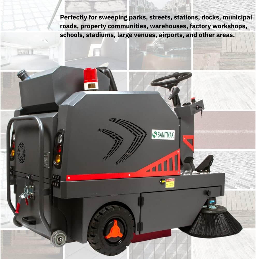 SM1250 49" Ride-on Industrial Floor Sweeper, 26 Gal Dustbin, Battery Powered Floor Cleaning Machine, 69000 Sqft/h Efficiency
