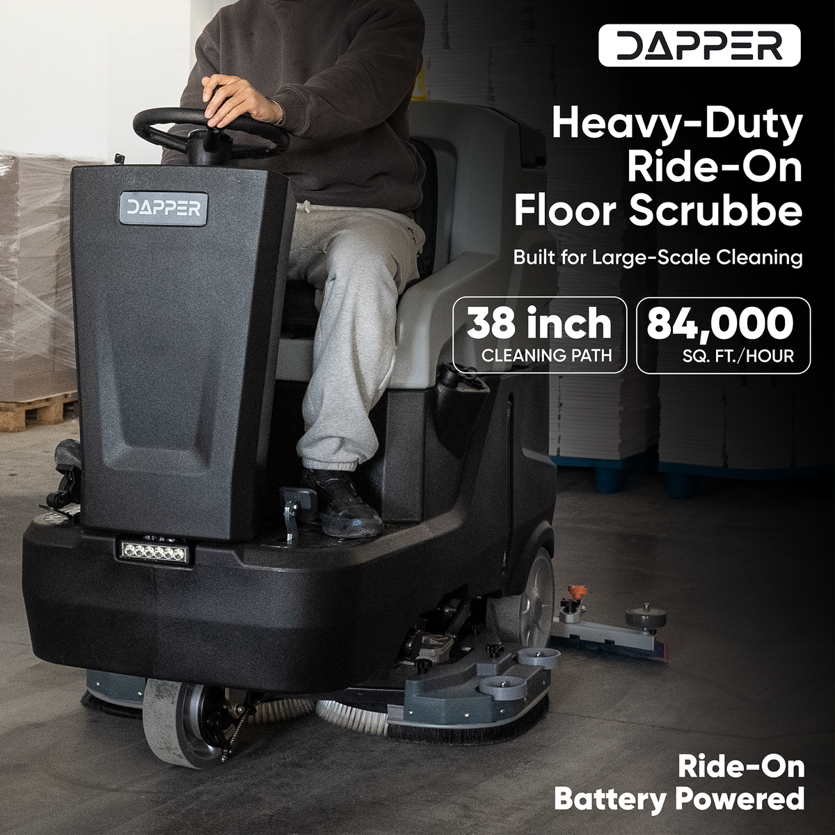 Battery Powered Ride-On Floor Scrubber Machine, 38" Brush, 48" Squeegee