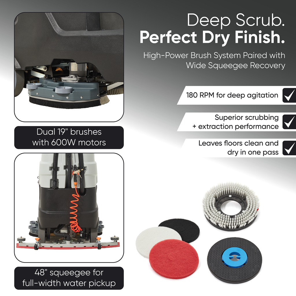 Battery Powered Ride-On Floor Scrubber Machine, 38" Brush, 48" Squeegee