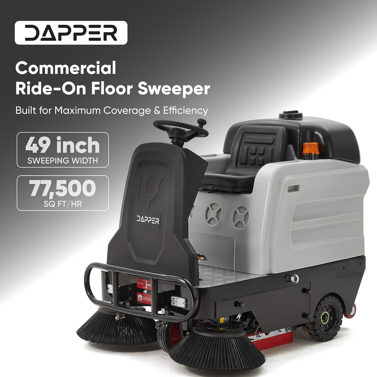 Ride-On Floor Sweeper 49" Sweeping Width 25 Gal 77,500 sq ft/hr 6 MPH