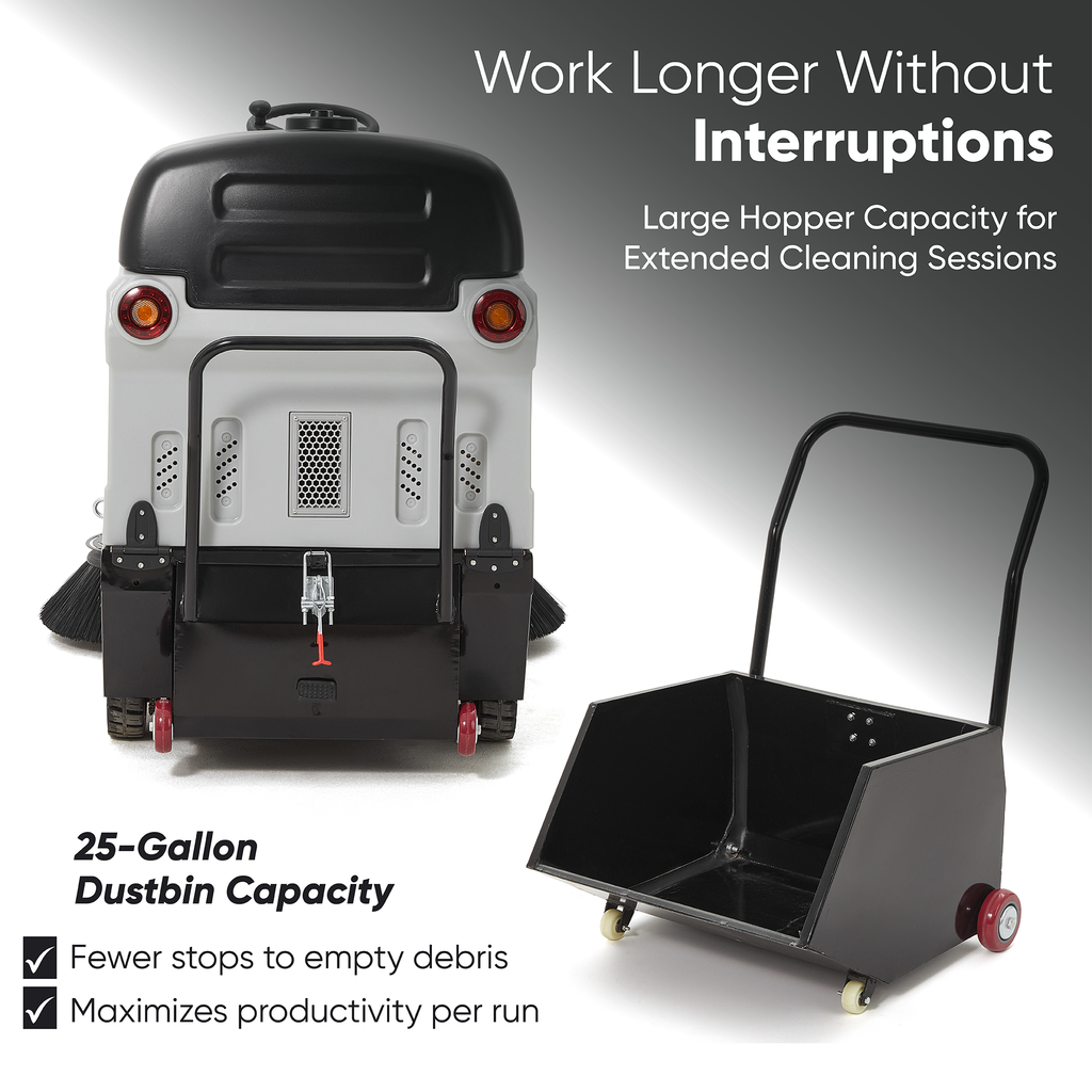 Ride-On Floor Sweeper 49" Sweeping Width 25 Gal 77,500 sq ft/hr 6 MPH