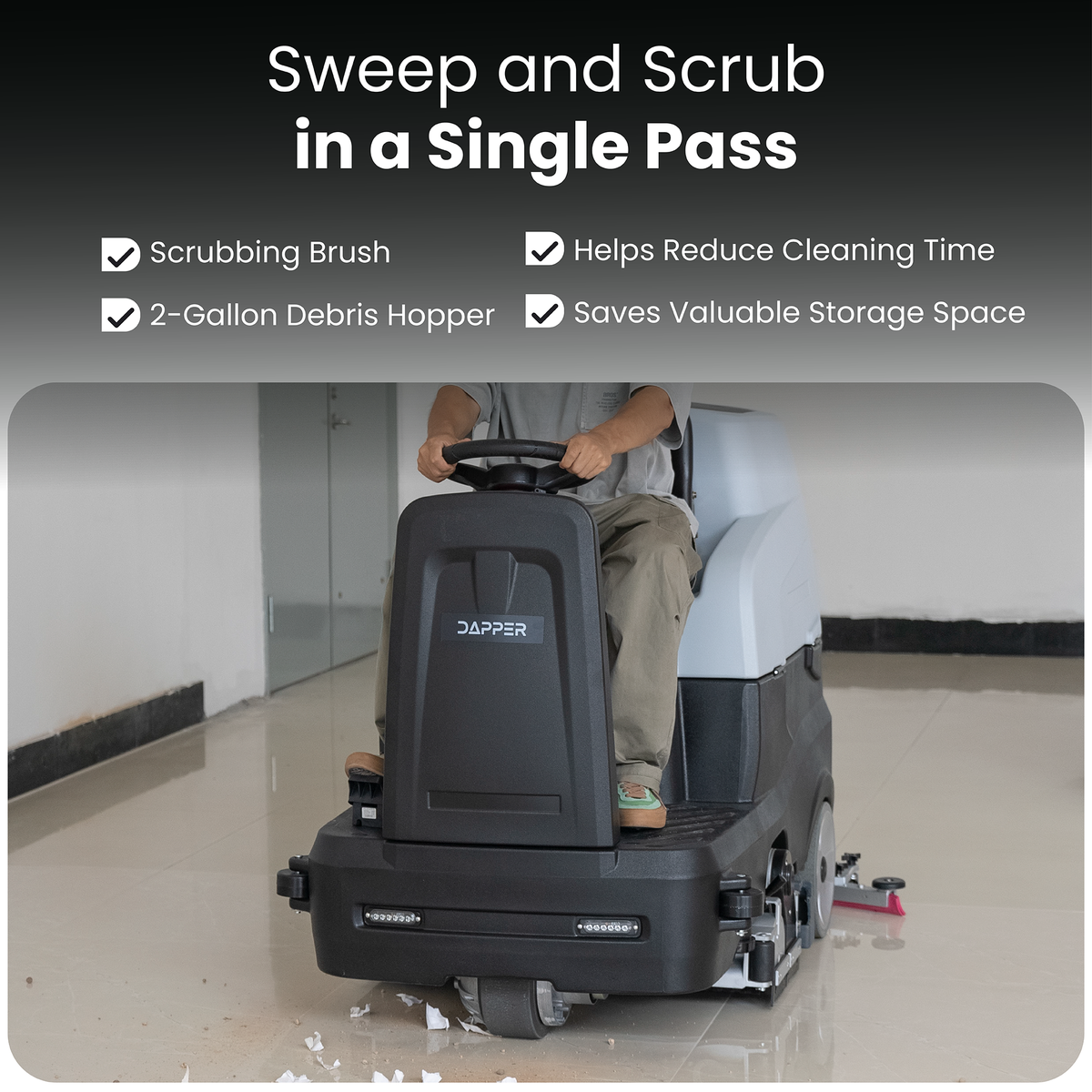 Ride on Sweep & Scrub Floor Cleaning Machine 31.5 in. Cleaning Path, 47 in. Squeegee