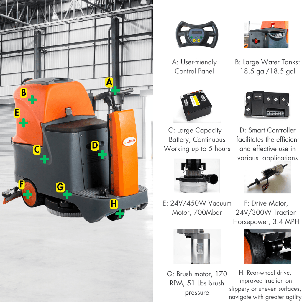 Ride-On Floor Scrubber RT70, 48000 Sqft/H Efficiency, 18.5 Gal Tanks, 31-inch Squeegee Width