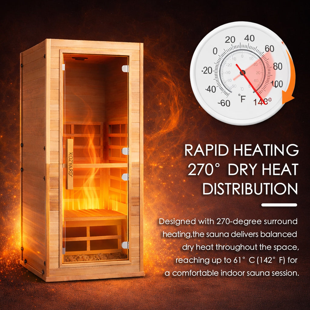 Kozyard Infrared Sauna Room 270° Surround Heating Dry Sauna, Wooden Sauna Room with Bluetooth Speaker, Oxygen Generator, Ambient Light, Foot Massage, Home Spa Sauna for Indoor