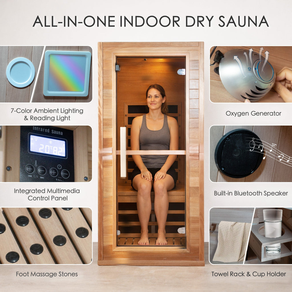 Kozyard Infrared Sauna Room 270° Surround Heating Dry Sauna, Wooden Sauna Room with Bluetooth Speaker, Oxygen Generator, Ambient Light, Foot Massage, Home Spa Sauna for Indoor