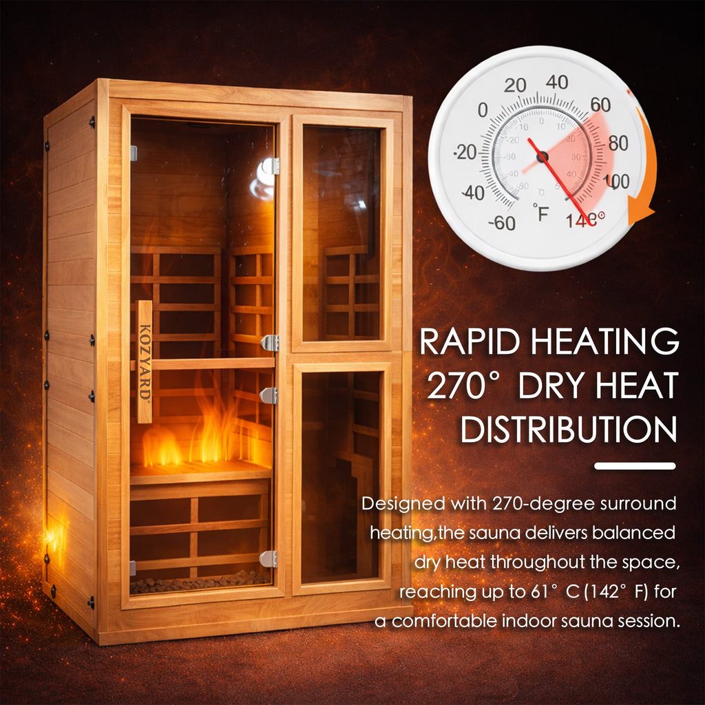 Kozyard Infrared Sauna Room 270° Surround Heating Dry Sauna, Wooden Sauna Room with Bluetooth Speaker, Oxygen Generator, Ambient Light, Foot Massage, Home Spa Sauna for Indoor
