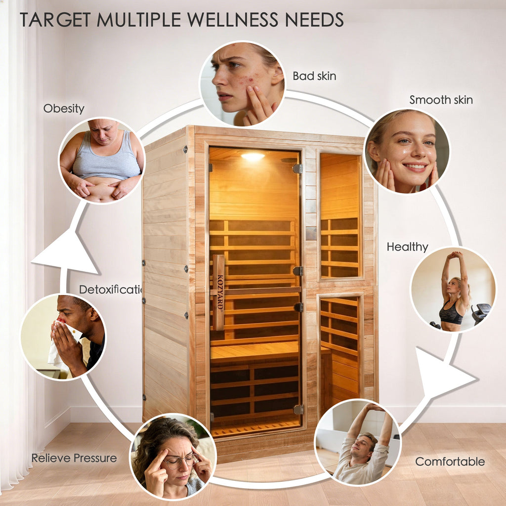 Kozyard Infrared Sauna Room 270° Surround Heating Dry Sauna, Wooden Sauna Room with Bluetooth Speaker, Oxygen Generator, Ambient Light, Foot Massage, Home Spa Sauna for Indoor