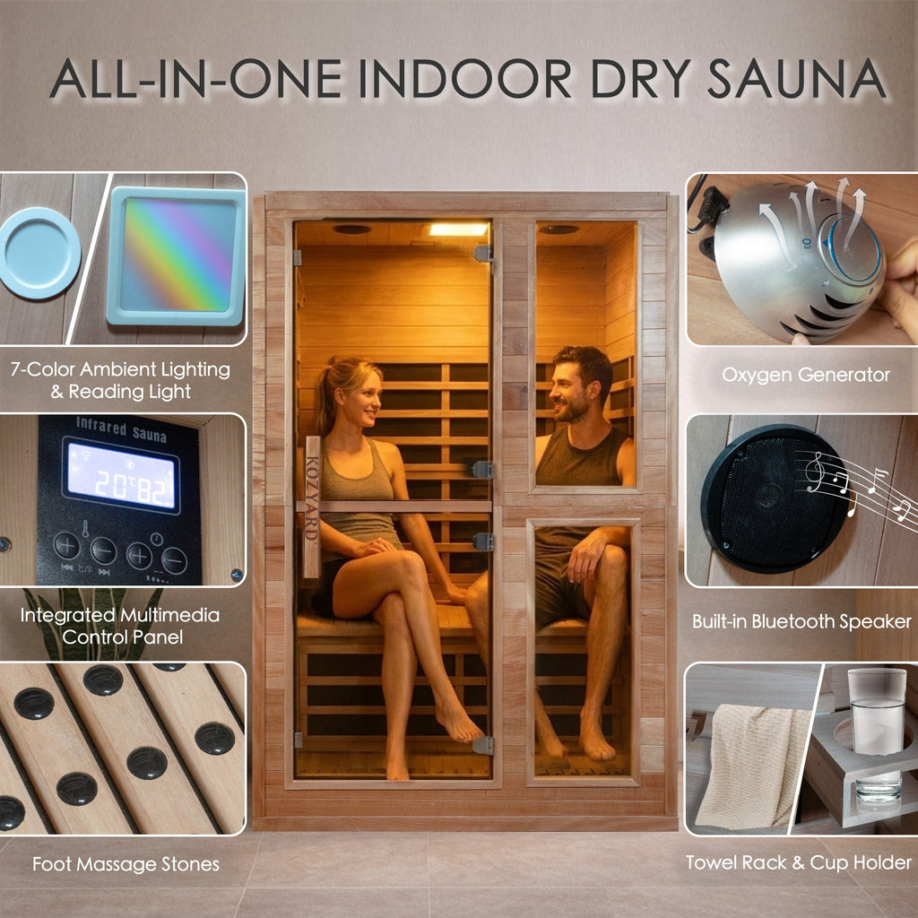 Kozyard Infrared Sauna Room 270° Surround Heating Dry Sauna, Wooden Sauna Room with Bluetooth Speaker, Oxygen Generator, Ambient Light, Foot Massage, Home Spa Sauna for Indoor