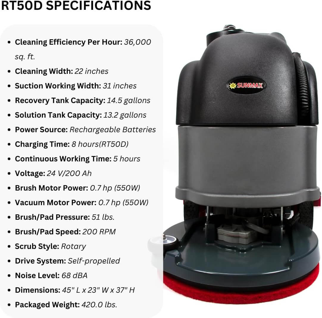 Self-Propelled Floor Scrubber RT50D– 22" Cleaning Path, Automatic Forward/Reverse Drive with Adjustable Speed, 14.5-Gal Tank, Industrial Grade Cleaning Machine