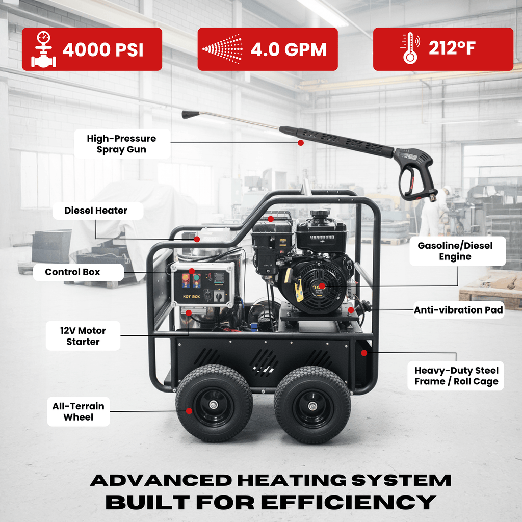 SM4000 Hot & Cold Water Gas Pressure Washer – 4,000 PSI, 4.0 GPM, Diesel Heated, Professional Contractor System