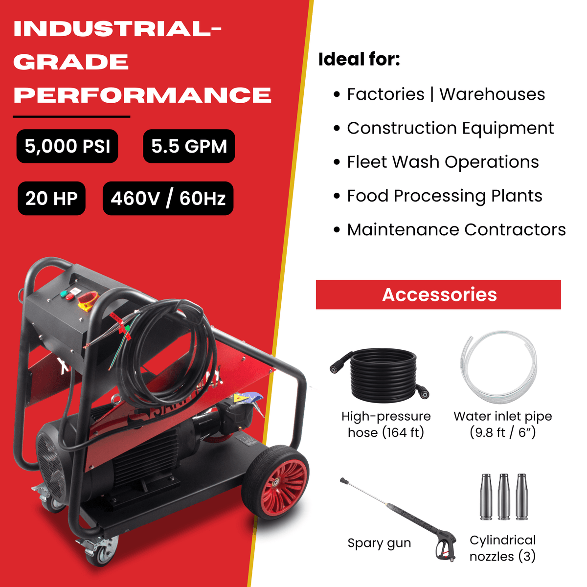 SM5000 Industrial Electric Pressure Washer – 5000 PSI, 5.5 GPM, 20 HP, 460V 3-Phase Cold Water System