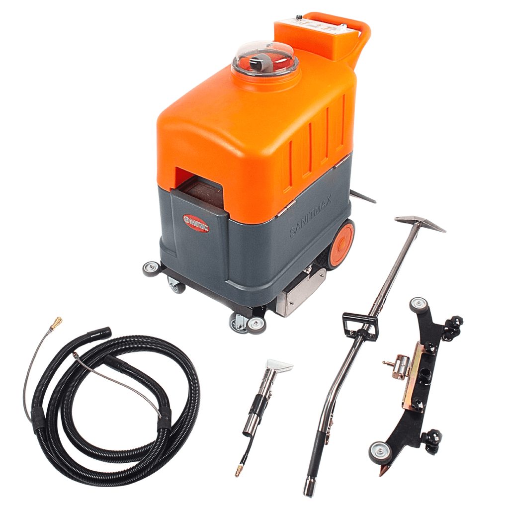 Heated carpet extractor with hose, floor wand and upholstery tools